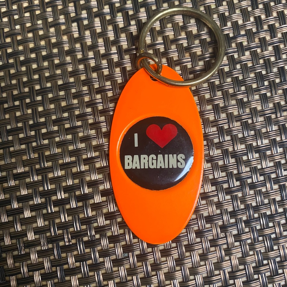 90s I Love Bargains Orange Oval Keychain Retro Motel Key Tag Fob